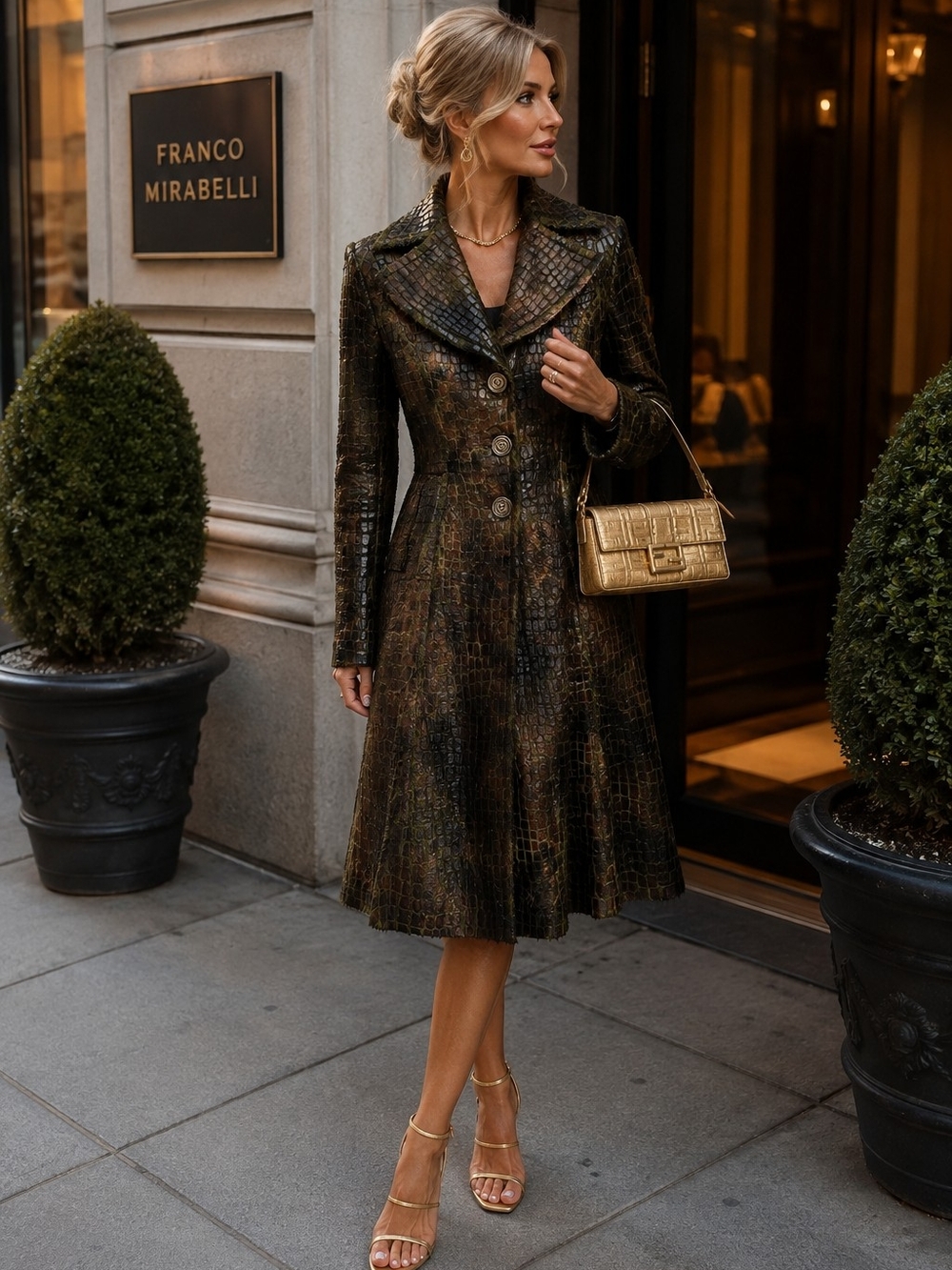 Women's Dark Olive Croc-Embossed Coat